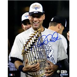 Derek Jeter With 2009 World Series Trophy 8X10 Photo (Signed In Blue) (MLB Auth)
