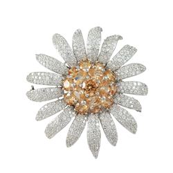 Rhodium Plated Sterling Silver, 50Mm Flower With White CZ Petals & Champagne CZ Center, Brooch/Pin (