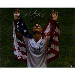 Julie Johnston Signed 2015 Women's World Cup W/ Flag Over Shoulders 16X20 Photo