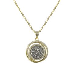 Gold Plated Sterling Silver Grey Druzy Round Pendant With CZ, 1.10