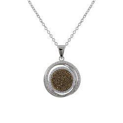 Rhodium Plated Sterling Silver, Champagne Druzy Round Pendant With CZ  Dimensions: 27.5Mm Long X 20.