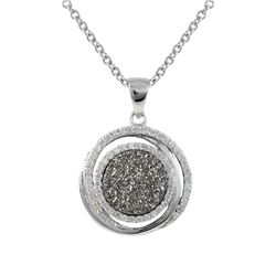 Rhodium Plated Sterling Silver, Grey Druzy Round Pendant With CZ Dimensions: 27.5Mm Long X 20.9Mm Wi