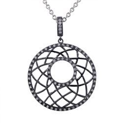 Black Color Sterling Silver Circle Pendant, Line Design, With White CZ