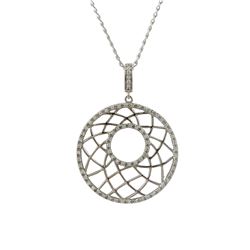 Rhodium Plated Sterling Silver, 28Mm Round Circle Pendant, Line Design With White CZ Dimensions: 39.