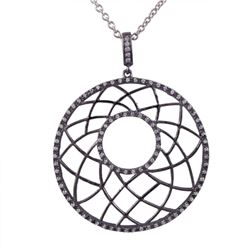 Black Color Sterling Silver Circle Pendant, Line Design, With White CZ