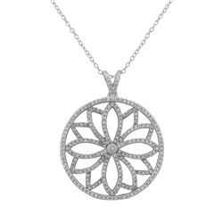 Rhodium Plated Sterling Silver 30Mm Round Flower Design CZ Pendant, 1.46