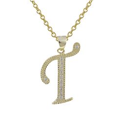 Sterling Silver CZ T Initial - Gold/White