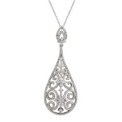 Sterling Silver Filigree Teardrop CZ Pendant  -2.34"