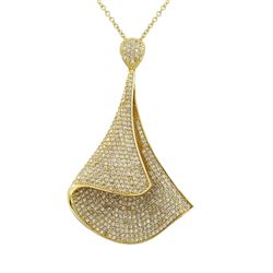 Gold Plated Sterling Silver Large Upside Down Cone Shape Pendant With CZ Pave