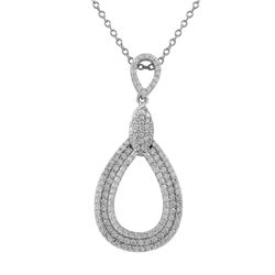 Rhodium Plated Sterling Silver Dangling Open Teardrop Shape Pendant With CZ, 1.81"