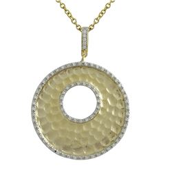 Rhodium And Matte Gold Plating Over Sterling Silver, White CZ, Hammered 32Mm Circle Pendant Dimensio