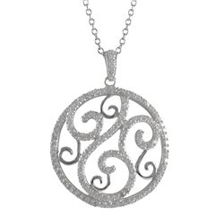 Rhodium Plated Sterling Silver Pendant, Swirl Design With White Czs, 42Mm Long, Circle Is 32Mm Wide