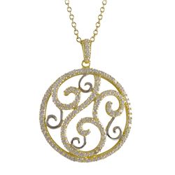 Two Tone Sterling Silver Pendant, Swirl Design With White Czs, 42Mm Long, Circle Is 32Mm Wide