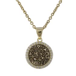 Gold Tone Sterling Silver 12Mm Round CZ Champagne Druzy Pendant -0.98