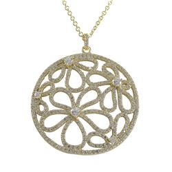 Gold Plated Sterling Silver, 38Mm Round Circle, Flower Design CZ Pendant, 46Mm Long