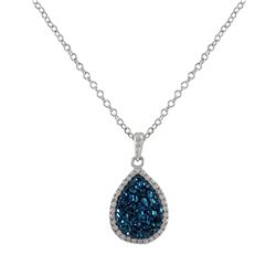 Rhodium Plated Sterling Silver, 13.5X17.5Mm Teardrop, Blue Druzy Natural Stone With CZ Border, Penda