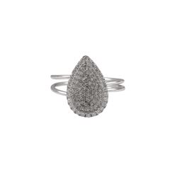 Rhodium Plated Sterling Silver, 11X16mm Teardrop With White CZ, Adjustable Ring, Size 5-9