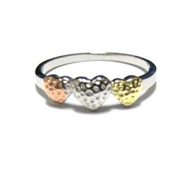 Tri Color Hammered Hearts, Sterling Silver Ring Size 2