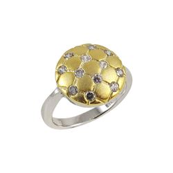 Gold & Rhodim Over Sterling Silver Ring, Square Design On 12Mm Round Circle With White Czs