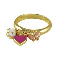 Gold Tone Sterling Silver Ring, Hot Pink Enamel Heart, White Enamel Flower & Lt. Pink Enamel Butterf