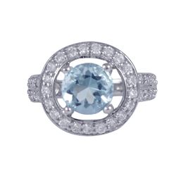 Aqua Round CZ, Surrounded With White Czs, Sterling Silver Ring Size 5