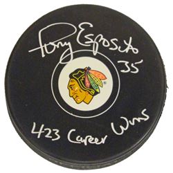 Tony Esposito Signed Blackhawks Logo Hockey Puck W/423 Career Wins