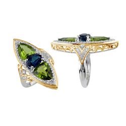 TT STERLING SILVER GOLDPLATED PERIDOT / LDN BLUE TOPAZ / WHITE TOPAZ RING - Size 7 (#9998MUL)