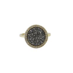 Gold Plated Sterling Silver, 15Mm Round Circle, 12Mm Grey Druzy Natural Stone With CZ Border, Ring S