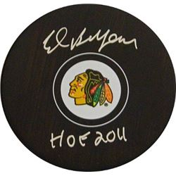 Ed Belfour Signed Chicago Blackhawks Logo Hockey Puck HOF 2011