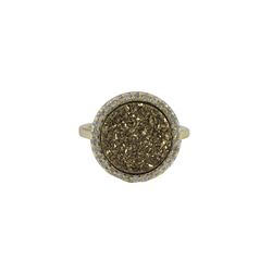 Gold Tone Sterling Silver 12Mm Round CZ Champagne Druzy Ring Size 9