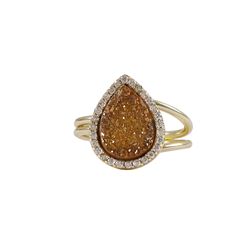 Peach Druzy 12X15mm Teardrop On Gold Plated Sterling Silver CZ, Adjustable Ring Size 5-9