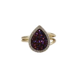 Wine Druzy 12X15mm Teardrop On Gold Plated Sterling Silver CZ, Adjustable Ring Size 5-9