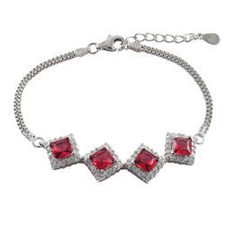 Rhodium Plated Sterling Silver, 4 Ruby 5X5mm Square CZ With White CZ Border, Two Row Box Chain, Brac