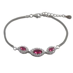 Rhodium Plated Sterling Silver, 3 Ruby Marquise Shaped CZ With White CZ Border, Two Row Box Chain, B