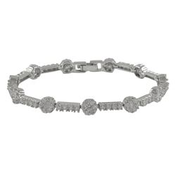 Rhodium Plated Sterling Silver Flower CZ Bracelet With Fold-Over Clasp- 7.5