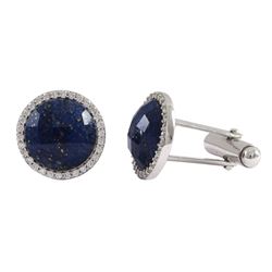 Lapis Semi Precious Faceted Stone With CZ Border, Rhodium Plated Sterling Silver, 15Mm Round Cufflin