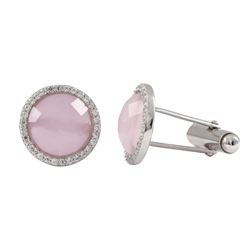 Rose Quartz Semi Precious Faceted Stone With CZ Border, Rhodium Plated Sterling Silver, 15Mm Round C