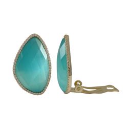 Aqua Cat's Eye Semi Precious Stone, With CZ Border, Gold Plated Sterling Silver Clip Earrings, 1.06&