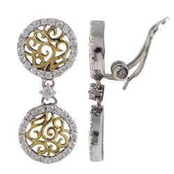 Two Tone Sterling Silver,, Double Filigree Circles CZ Clip Earrings, 1.18