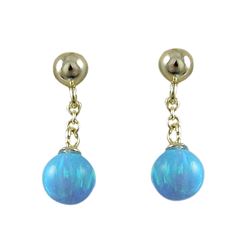 Blue 6Mm Opal Ball On Gold Tone Sterling Silver Post Long Earrings, 18Mm Long