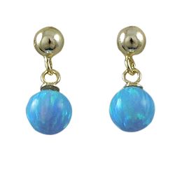 Blue 6Mm Opal Ball On Gold Tone Sterling Silver Post Short Earrings, 14Mm  Long