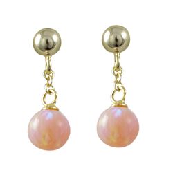 Pink 6Mm Opal Ball On Gold Tone Sterling Silver Post Long Earrings, 18Mm Long