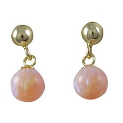 Pink 6Mm Opal Ball On Gold Tone Sterling Silver Post Short Earrings, 14Mm  Long