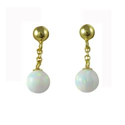 White 6Mm Opal Ball On Gold Tone Sterling Silver Post Long Earrings, 18Mm Long