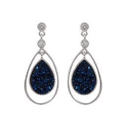 Rhodium Plated Sterling Silver, Blue Teardrop Druzy, CZ Post Earrings Dimensions: 31.5Mm Long X 14Mm