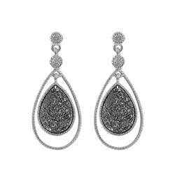 Rhodium Plated Sterling Silver, Grey Teardrop Druzy, CZ Post Earrings Dimensions: 31.5Mm Long X 14Mm