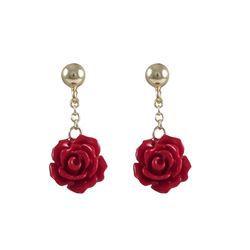 8Mm Red Rose Flower Dangling, On Gold Plated Sterling Silver Ball Post Earrings, 0.94"