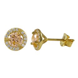 Champagne 5Mm Round CZ With White CZ Border, Gold Plated Sterling Silver 8Mm Round  Post Stud Earrin