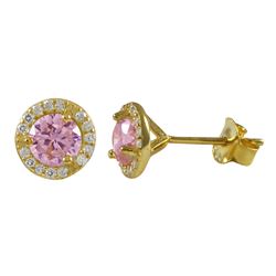 Pink 5Mm Round CZ With White CZ Border, Gold Plated Sterling Silver 8Mm Round  Post Stud Earrings