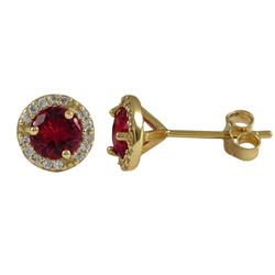 Red 5Mm Round CZ With White CZ Border, Gold Plated Sterling Silver 8Mm Round  Post Stud Earrings